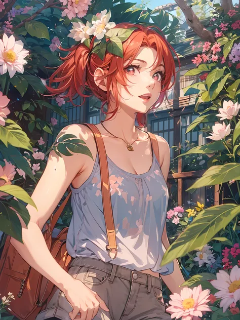 beautiful young woman, anime style, detailed face, red hair, red eyes, delicate features, soft lighting, wearing a tank top, shorts, standing outside in a summer setting, vibrant greenery, clear blue sky, flowers in bloom, relaxed expression, dynamic pose,...