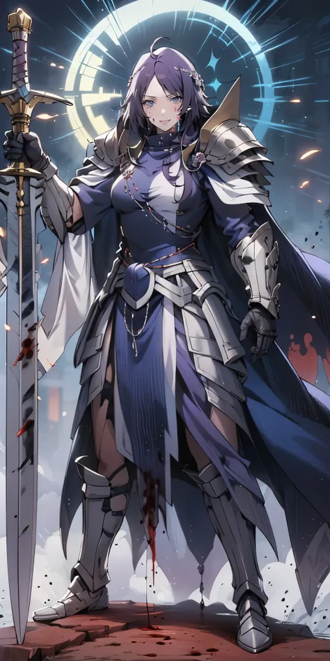 MC, ahoge, (long hari, purple hair:1.3), hair ornament, dark-blue eyes, anatomically correct, heavy breathing, mature female,solo, 1girl, holding, standing, weapon, female focus, sword, cape, holding weapon, armor, holding sword, shoulder armor, gauntlets,...
