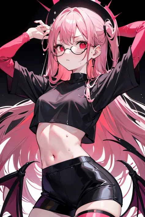 underdressing，Expression of disgust，Expression of disgust，Red Eyes，Sweat，Soaked，liquid，transparent，Cropped tops，succubus，pink，stocking，grid，Glasses