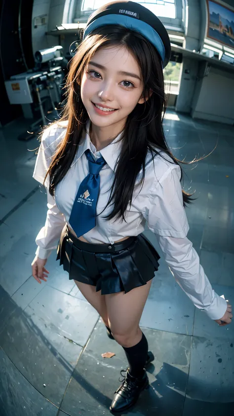 Highest quality, masterpiece, Ultra-high resolution,8k, (Realistic:1.6), (Facing portraits) RAW Photos, 1 girl,(Full of smiles, Showing teeth)), 22 years old,((Korean IdolKarinaFashion)),((Miniskirt uniform with undershorts)),((Straight black hair long hai...