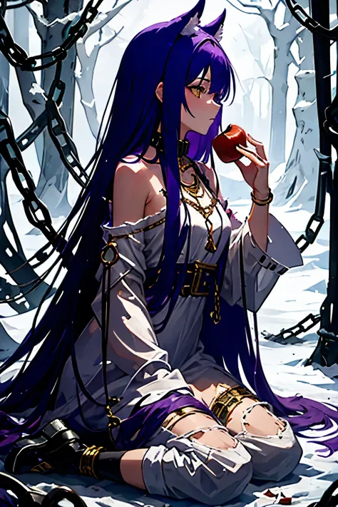 fenrir, side view, eating apple, long hair, purple hair, yellow eyes, tattered clothes, white dress, chained, golden chain, appl...