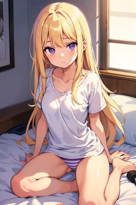 Middle school girl, 14 years old, A cup breasts, blonde, long hair, purple eyes （One person） She is wearing a plain white T-shirt with her white bra showing through.　White panties with light pink horizontal stripes（（I can see her panties））Barefoot, morning...