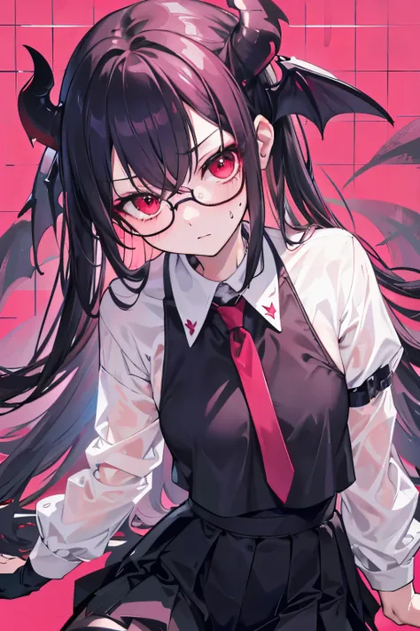 underdressing，Expression of disgust，Expression of disgust，Red Eyes，Sweat，Soaked，liquid，transparent，Cropped tops，succubus，pink，stocking，grid，Glasses