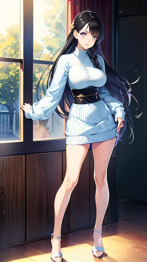 Black Hair、(manga:1.4),Highly detailed CG 8k highest quality, Volumetric lighting, Highly detailed face, , Long Hair, sweater, Huge big breasts, Slender body, Cute heels,standing,Bright light blue clothes