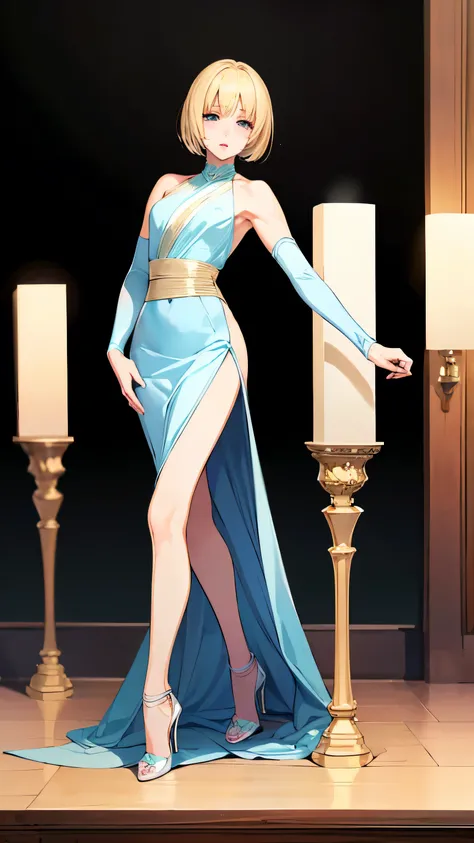 Stylish clothes、((Arms are lowered:1.4))(manga:1.4),(full body：1.4), srandeing,Very detailed CG Unity 8k wallpaper, highest quality, Very detailed, masterpiece, Realistic:1.2 , Platinum dark blonde bob cut hair , perfect sexy body , Anatomically correct ,V...