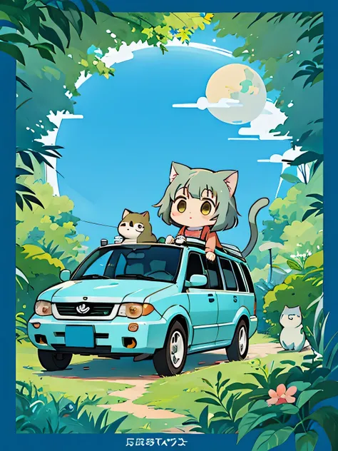 Hayao Miyazaki style、Kawaii Design, most beautiful girl ever、Chibi, (((expedition)))、Totoro, Blue Earth, Cat Bus