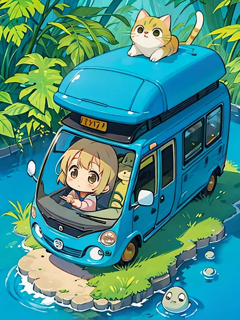 Hayao Miyazaki style、Kawaii Design, most beautiful girl ever、Chibi, (((expedition)))、Totoro, Blue Earth, Cat Bus