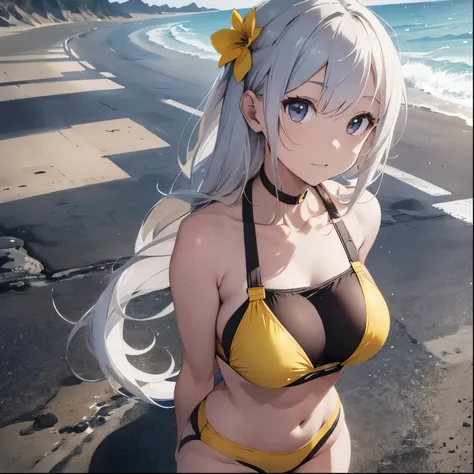 Silver-haired girl drawn in high resolution Japanese anime style、whole body、Women in yellow bikinis taking photos on a deserted beach, model bikini, , Young and cute gravure idol, Posing together in a bra, Russian and Japanese mix, sakimichan, Asian woman,...