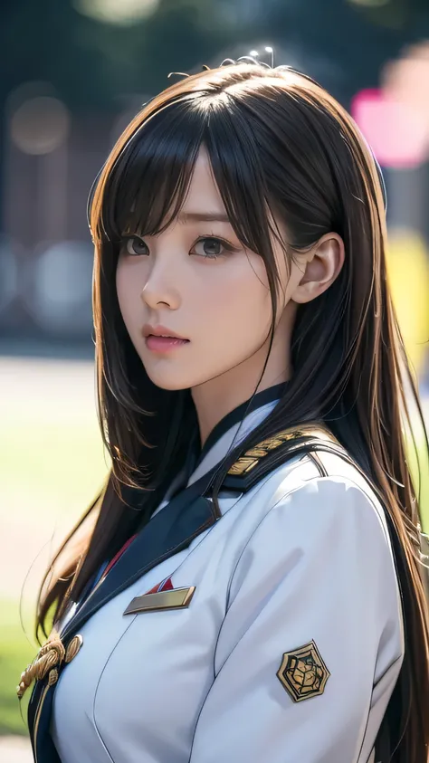 A beautiful anime girl wearing a military uniform, (best quality,4k,8k,highres,masterpiece:1.2),ultra-detailed,(realistic,photorealistic,photo-realistic:1.37),HDR,UHD,studio lighting,ultra-fine painting,sharp focus,physically-based rendering,extreme detail...