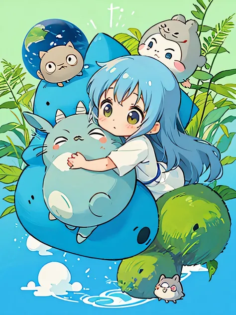 Hayao Miyazaki style、Kawaii Design, most beautiful girl ever、((Chibi)), (((hug)))、Totoro , Blue Earth