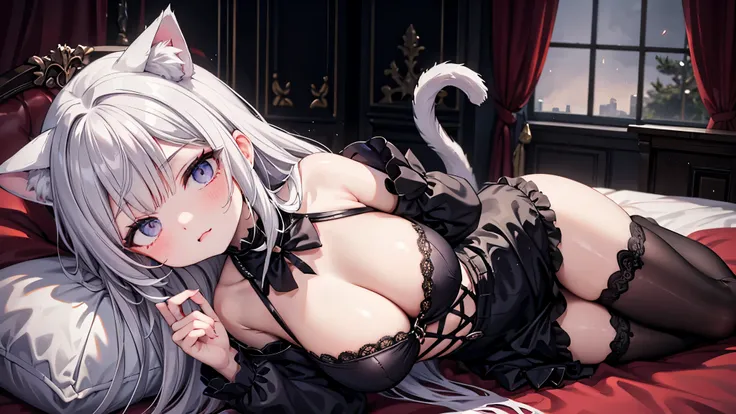 20-year-old，Lolita whore，((Cat ear))、Gothic style，Divinity，Magnificent Gothic Background，Innocent look，Detailed eye makeup、(((Powerful and very juicy breasts)))、((Cleavage))、Knee-high socks、(((Absolute area)))、loafers、(((On the bed)))、((Lie))