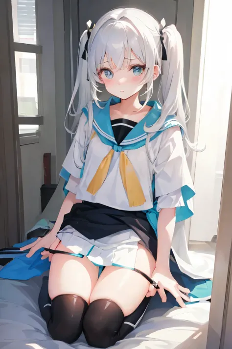 UHD, accurate, high details, best quality silver hair twin tails、Black high neck、White poncho、Black tight mini skirt、 Pure White Panties、恥らいながらBlack tight mini skirtをめくる、陰部にピタリと張り付いたPure White Pantiesが見える
