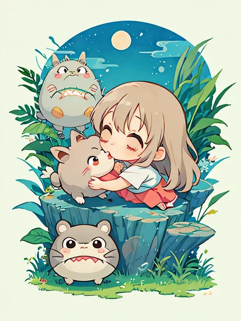 Hayao Miyazaki style、Kawaii Design, most beautiful girl ever、((Chibi)), (((Kiss)))、Totoro