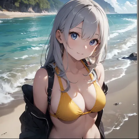 Silver-haired girl drawn in high resolution Japanese anime style、whole body、Women in yellow bikinis taking photos on a deserted beach, model bikini, , Young and cute gravure idol, Posing together in a bra, Russian and Japanese mix, sakimichan, Asian woman,...