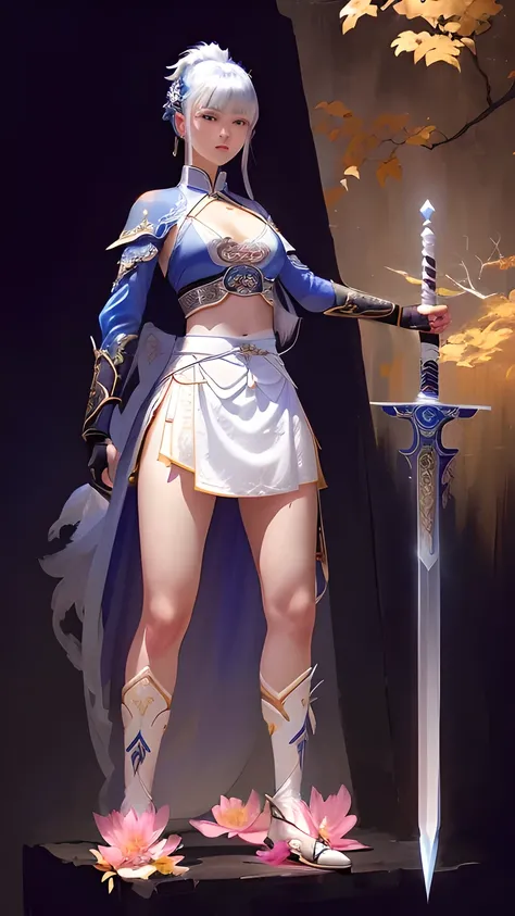 a close up of a person in a costume with a sword, lunar themed attire, inspired by Leng Mei, full body xianxia, white skirt and barechest, warrior outfit, inspired by Ren Xiong, fantasy outfit, tai costume, white loincloth, style of ghost blade, blade and ...