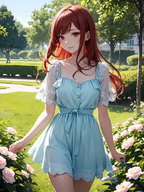 beautiful young woman, anime style, detailed face, red hair, red eyes, delicate features, soft lighting, wearing a summer dress, showing her thighs, standing in a park, vibrant greenery, clear blue sky, flowers in bloom, relaxed expression, dynamic pose, J...