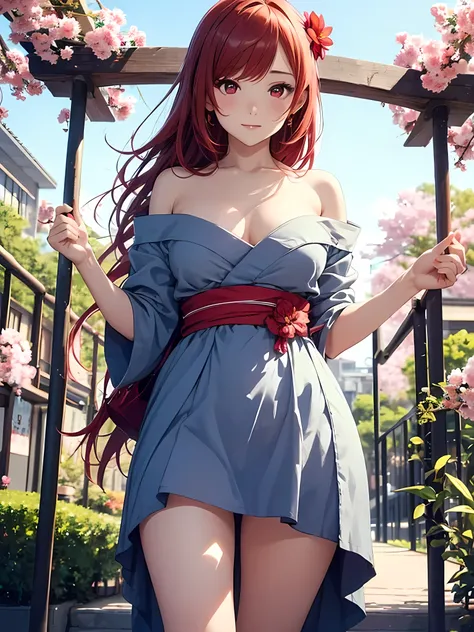 Beautiful young woman, Anime Style, Detailed face, Redhead, Red eyes, Delicate features, Soft lighting, wearing a summer dress, Show off your thighs, Standing in the park, Bright green, Clear blue sky, blooming flowers, Relaxed facial expression, Dynamic p...