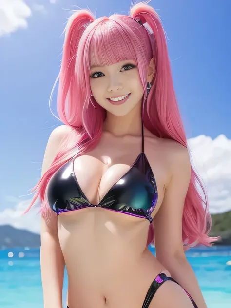 Female Idols、smile、whole body、Shiny glossy latex micro bikini（pink）、Multicolored Hair
