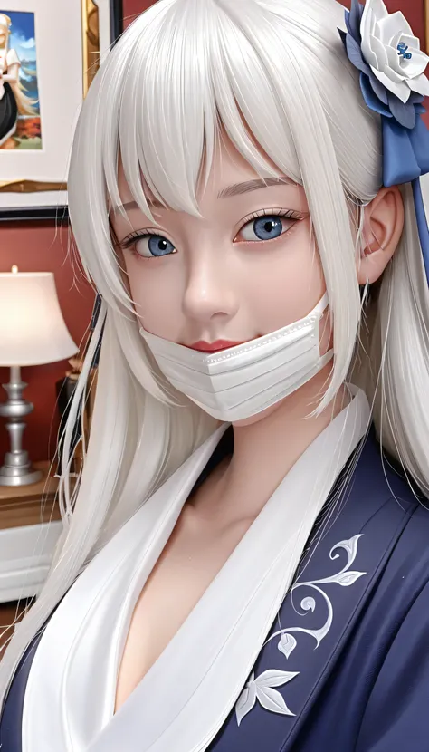 Close-up of a white-haired woman wearing a white mask, Beautiful character painting, Gu Weiss, artwork in the style of Gu Weiss, White-haired deity, author：Yang J, Epic and beautiful character art, Stunning character art, author：Fan Qi, by Wuzhun Shifan, G...