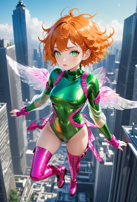 best quality, super fine, 16k, incredibly absurdres, extremely detailed, 2.5D, delicate and dynamic, cute lady, orange messy wavy short hair, clear green pupils, flying and floating with jet boots made of plated metal that look like boots, hot pink tight s...