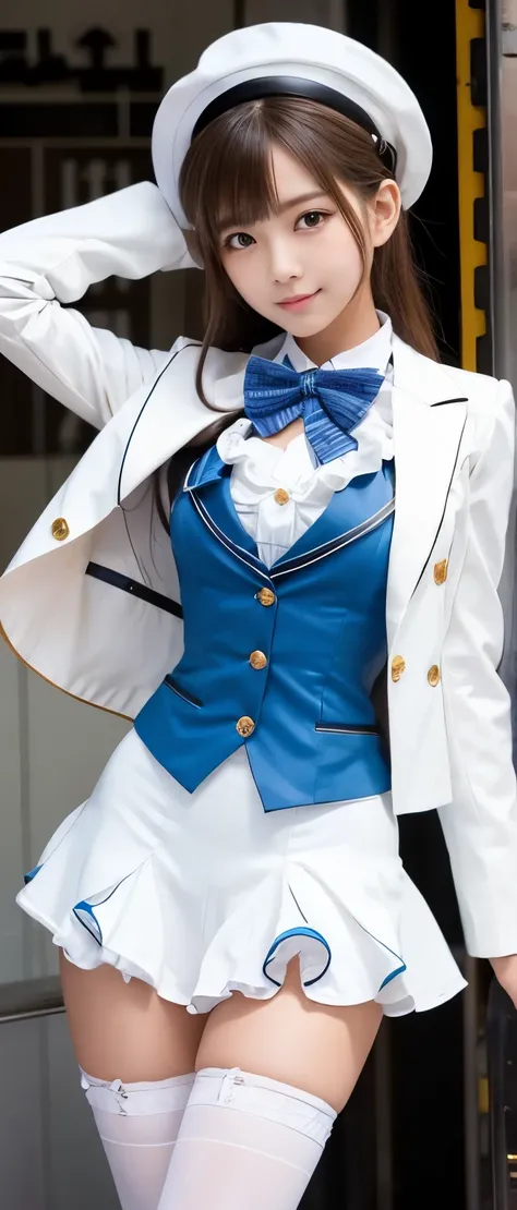 Tall and cute idol girl、whole body、Good style、、、、、、、、、、Tanned thick legs、、White and blue steampunk suit、、Neat and clean idol face、Underground laboratory