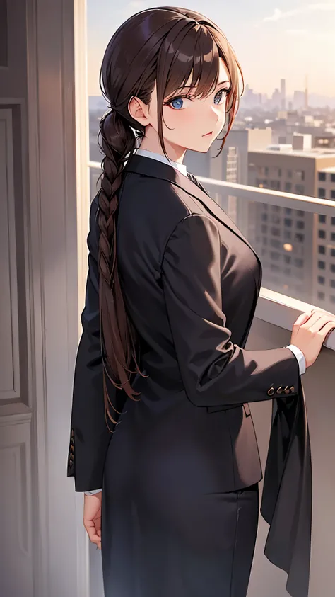 middle aged woman Her brown hair was beautifully tied back, revealing her suit. Standing in an all black suit, standing with your back looking at the beautiful view of the sky.