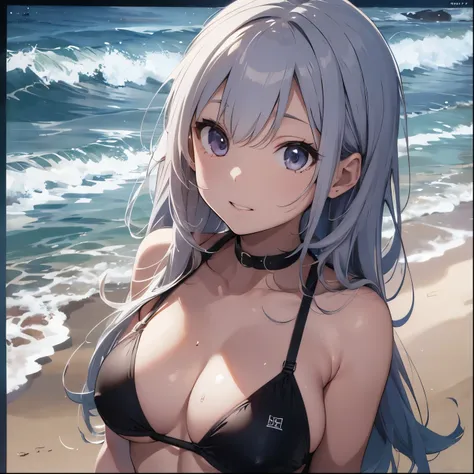 Silver-haired girl drawn in high resolution Japanese anime style、whole body、Women in yellow bikinis taking photos on a deserted beach, model bikini, , Young and cute gravure idol, Posing together in a bra, Russian and Japanese mix, sakimichan, Asian woman,...