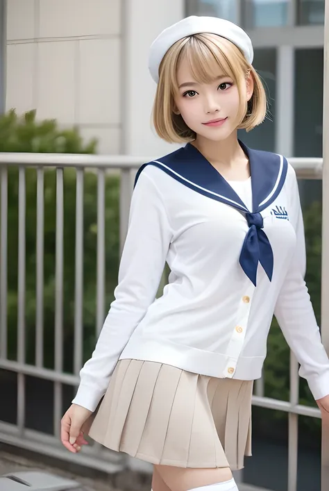 (Highest quality, 8k, 32K, Tabletop, Hmph, :1.2), Japanese girl, teenager, One girl, Highly detailed face, Chest pressure, Fine grain, Highly detailed lips, Blonde, Short Hair,shape, Natural light, (White Loose Socks:1.3), smile, (Large Breasts:1.2), Are s...