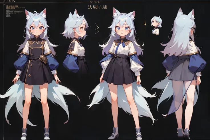 ((masterpiece, Highest quality)), ((tsurime)),Detailed face, Character Sheet, Full Body Lesbian, One girl,show,Full of details, Various poses and expressions, Very detailed, depth, A graceful wild fox girl with mostly silver hair, Sparkling eyes, Delicate ...