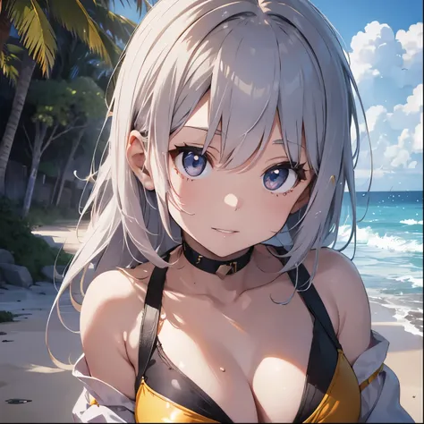 Silver-haired girl drawn in high resolution Japanese anime style、whole body、Women in yellow bikinis taking photos on a deserted beach, model bikini, , Young and cute gravure idol, Posing together in a bra, Russian and Japanese mix, sakimichan, Asian woman,...