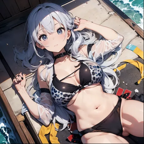 Silver-haired girl drawn in high resolution Japanese anime style、whole body、Women in yellow bikinis taking photos on a deserted beach, model bikini, , Young and cute gravure idol, Posing together in a bra, Russian and Japanese mix, sakimichan, Asian woman,...