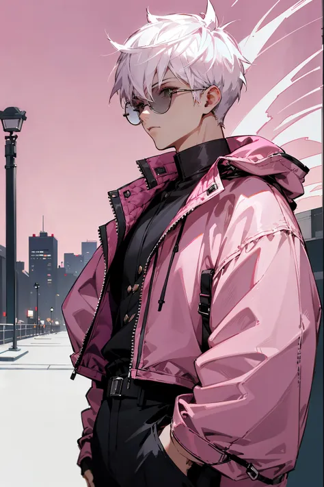 1male, white hair, short spiked hair, dark sin, round eyewear, tinted eyewear, pink tinted eyewear, baggy black jacket, pink des...