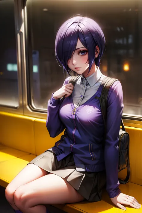 Beautiful face, beauty, white skin, purple-blue eyes, short purple-blue hair, hair covering her left eye, cute body, school clothes, yellow jacket, dark blue skirt, sitting on the bus She looks out the window, in front of her is a school bag , Kirishima To...