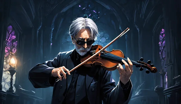 Image of a man in his 50s playing the violin in a dark room, Fantasy Violin, Kerem Couplet, Art for Dark Metal Music, Dark but detailed digital art, 8 0&#39;s style tomasz alen kopera, (Fantasy Violin), Tomasz Alen Kopela and CGsociety, Dramatic works of a...