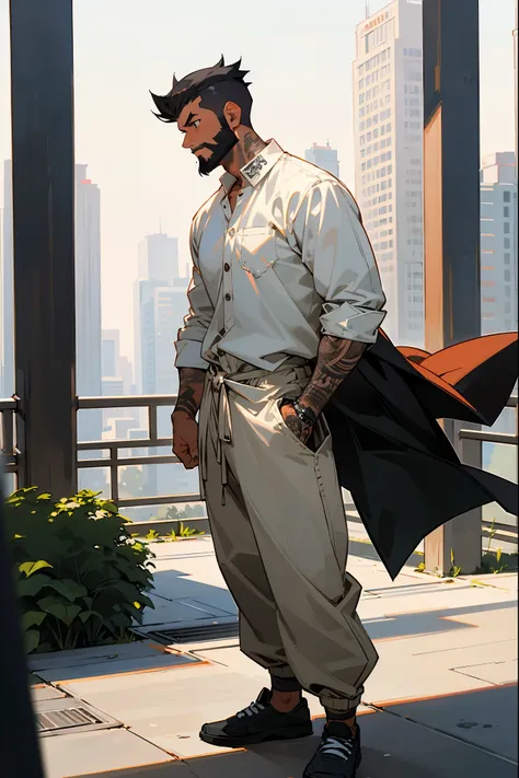 1male, tan skin, black hair, short spiked hair, black beard, full arm tattoos, baggy white shirt, blank pants, expressionless, c...