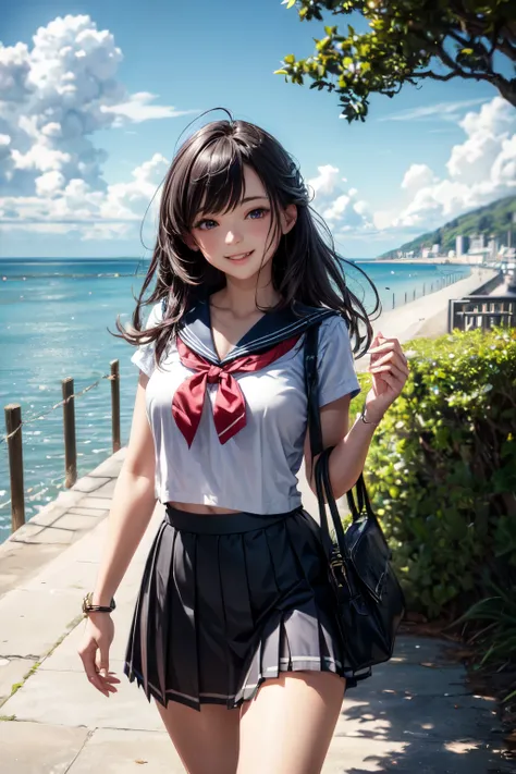 very cute and beautiful girl,sailor ,(highly detailed beautiful face),
(walking coastal pathway),sea side,beach,roadside trees,restaurant,summer,beautiful sky,
holding bag,pleated navyblue mini skirt,
cowboy shot,(smile:1.2),happy,looking at viewer,
(best ...