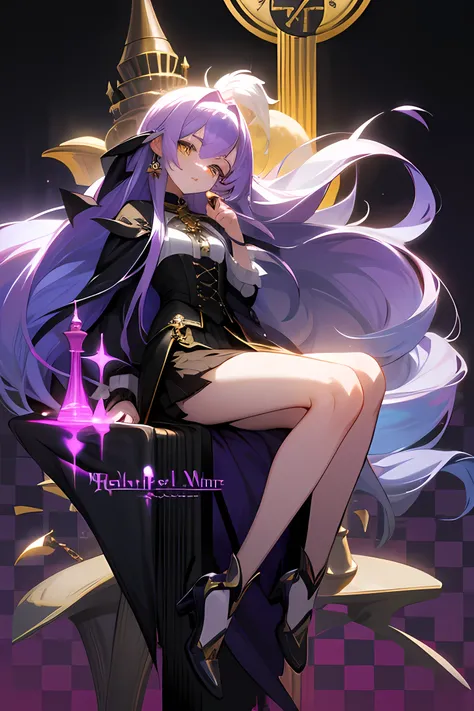 Purple gradation on white hair、Long Straight Hair、Purple and yellow eyes、Cloak up to the waist、Black clothes、fishtail skirt、cool、garter belt、corset、boots、Ametrine-like color、Purple and yellow pendulum chain earrings、Playing chess、Holding a chess piece、1 pe...