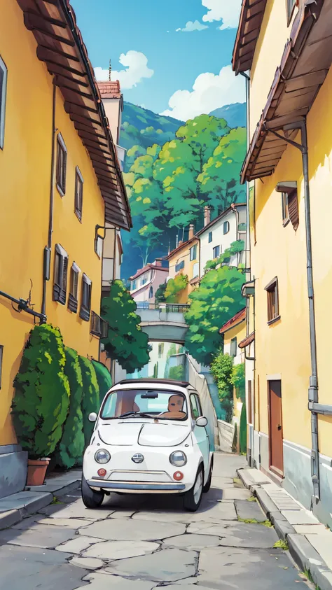 (masterpiece:1.2, Highest quality),(Very detailed),(((Anime Style))),8k,wallpaper,Fiat 500,Italian town,(((ghibli style)))