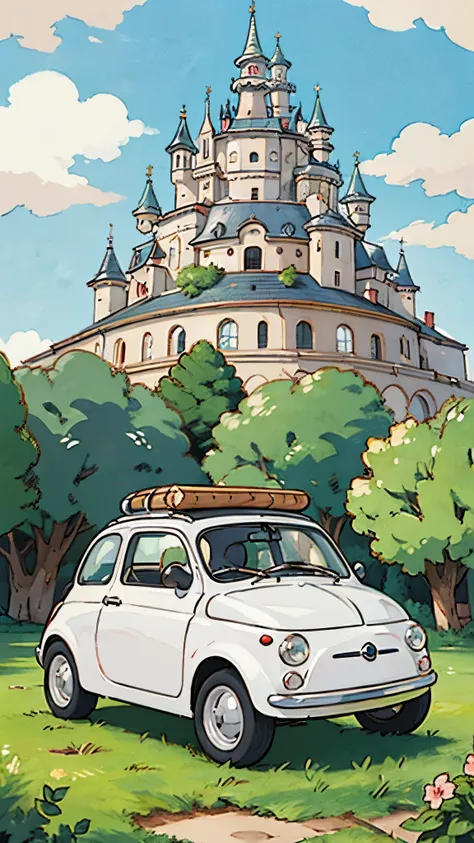 (masterpiece:1.2, highest quality),(very detailed),(((anime style))),8k,wallpaper,fiat 500,castle of cagliostro,(((ghibli style)...