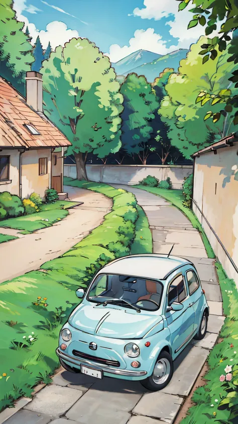 (masterpiece:1.2, Highest quality),(Very detailed),(((Anime Style))),8k,wallpaper,Fiat 500,(((ghibli style)))