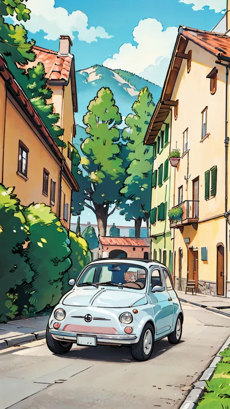 (masterpiece:1.2, highest quality),(very detailed),(((anime style))),8k,wallpaper,fiat 500,the background behind the running is ...