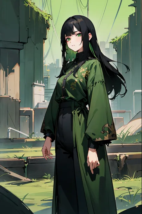 1female, black hair, two tone hair, oumbre hair, green hair, green eyes, expressionless, black and green floral shirt design, black pants, city background, detailed background, hands to side, standing on path