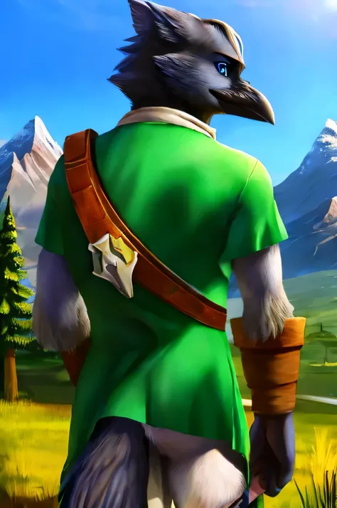 link, legend of zelda, tunic, anthro crow, holding master sword, detailed, realistic, looking in distance, rear view, mountains,...