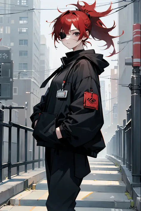 1female, red hair, medical eyepatch, black eyes, messy hair, ponytail, black baggy clothing, city background, detailed backgroun...