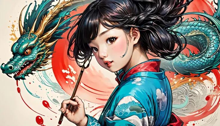 {{{{{figure}}}}},by Yuko Shimizu,One girl,Chinese Dragon,Chinese Girl,Female focus, {{Color ink painting}},{{splashing ink}},{{Color splashes}},{{{colorful}}},{{sketch}}, masterpiece,Highest quality, Beautifully drawn,Very detailed,