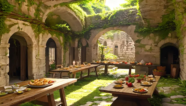 Model shooting style, (Highly detailed CG 8K wallpaper), In the center of the room、There is a long, wide wooden table with food leftovers on it., Old and spacious room, Stone wall and a little high, No ceiling, At the back of the room are the remains of a ...