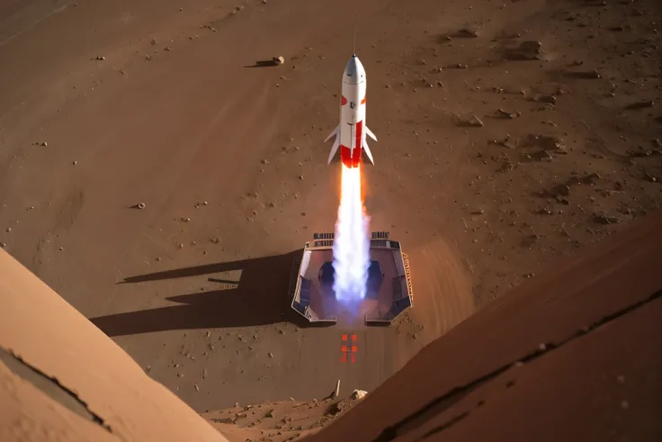 Rocket with Chinese flag printed on it，Launch from Mars(8K, best quality, masterpiece:1.2), (Practical, Reality:1.37), Extremely detailed，Wide-angle lens