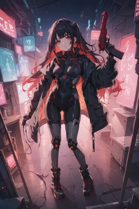 score_9, score_8_up, score_7_up, BREAK,
Cute Girl, masterpiece,(bestquality),highlydetailed,ultra-detailed,1 girl,(black and red tones),(mechanical),(cool),(biodesign),(cyborg),(biomechanics),long black hair with red highlights,(metallic skin),(glowing red...