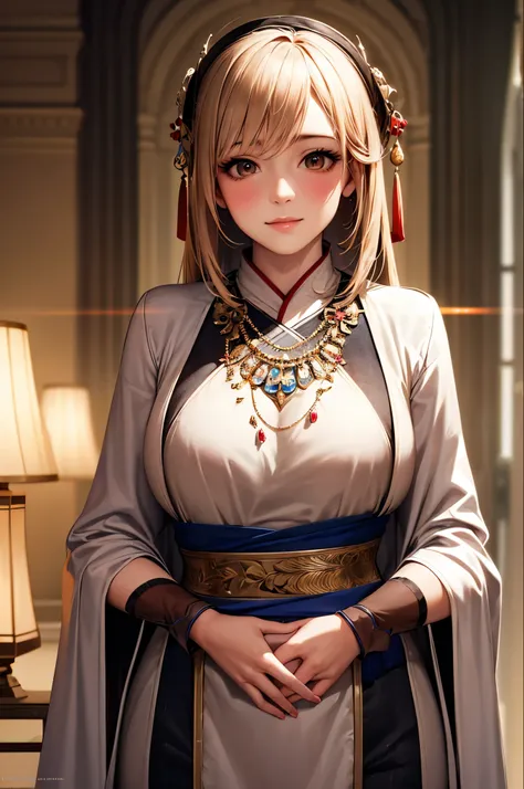 Great quality, masterpiece, High Resolutiupon, One girl, blush, (Captivating smile: 0.8), Star Student, chinese hanfu, hair accessory, necklace, jewelry, beauty, upon_body, Tyndall effect, Realistic, Shadow Room, Light Edge, Two-tupone Lighting, (Skin with...