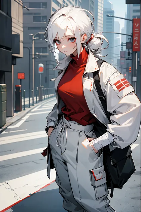 1female, white hair, tied up hair, bandaid on nose, bandages, white rolled up jacket, red shirt, baggy pants, expressionless, city background, detailed background, hands to side, standing on path